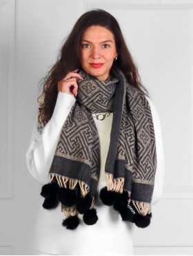Cashmere Feeling Maze Scarf with Pom-Poms